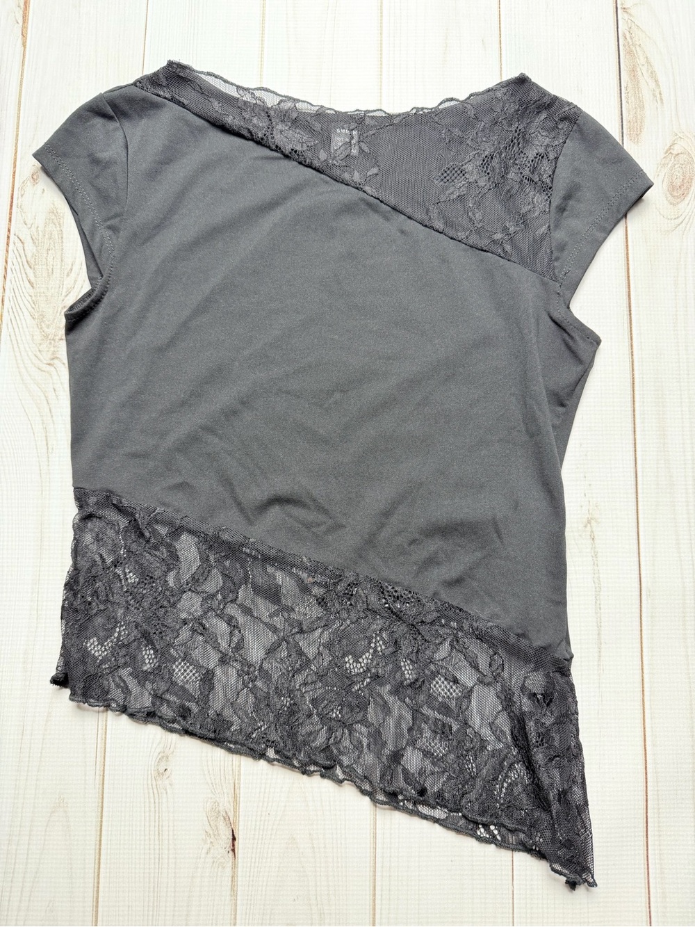 Women's black Lace Accent Short Sleeve Top - Charcoal